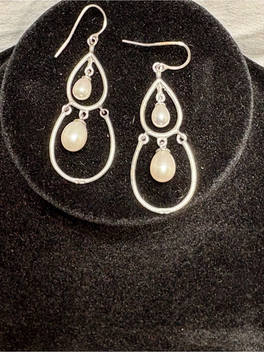 Vintage Sterling Silver Double Teardrop Pearl Dangle Earrings - White Pearls